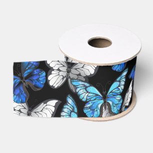 Ruban Gros-grain Motif sans couleur foncée avec papillons bleus Mor