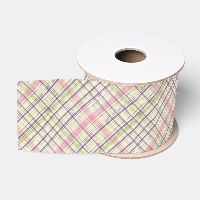 Ruban Gros-grain Motif Tartan vert violet violet rose (Bobine)