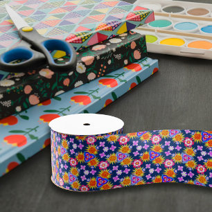 Ruban Gros-grain Navy Blue Boho Floral Imprimer Motif Joli bateau