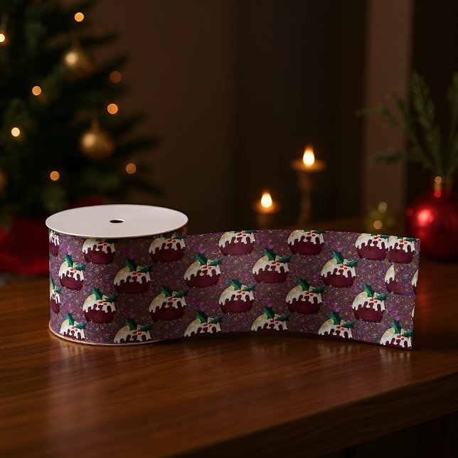 Ruban Gros-grain Noël Motif Pudding (Festive ribbon with Christmas pudding pattern, perfect for holiday wrapping and décor.)