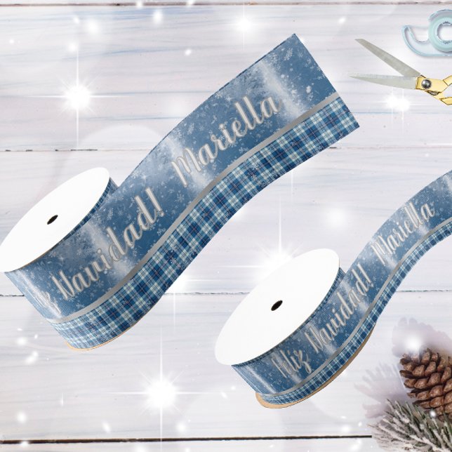 Ruban Gros-grain Nombre Spanish Feliz Navidad Elegante Azul (Créateur téléchargé)