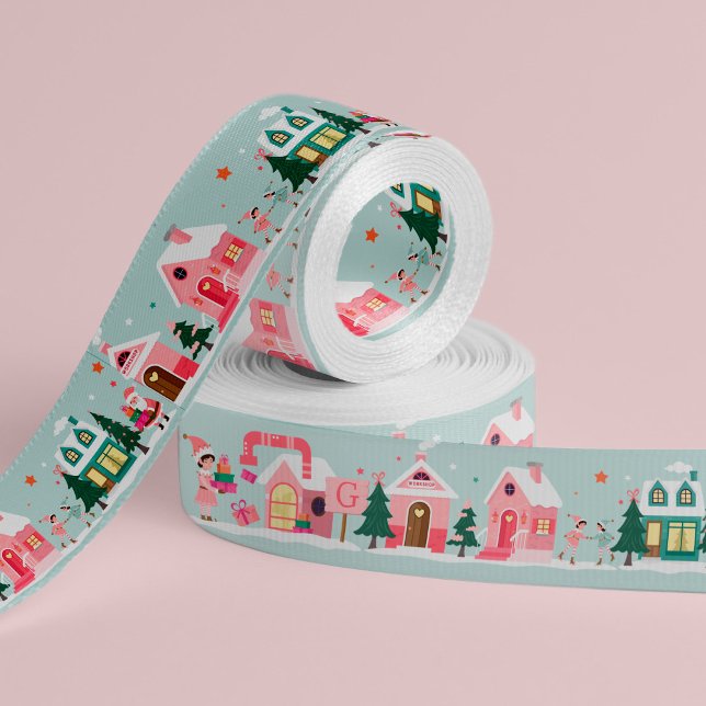 Ruban Gros-grain North Pole Elf Workshop Santa Claus Pink Village (North Pole Elf Workshop Santa Claus Pink Village Grosgrain Ribbon)