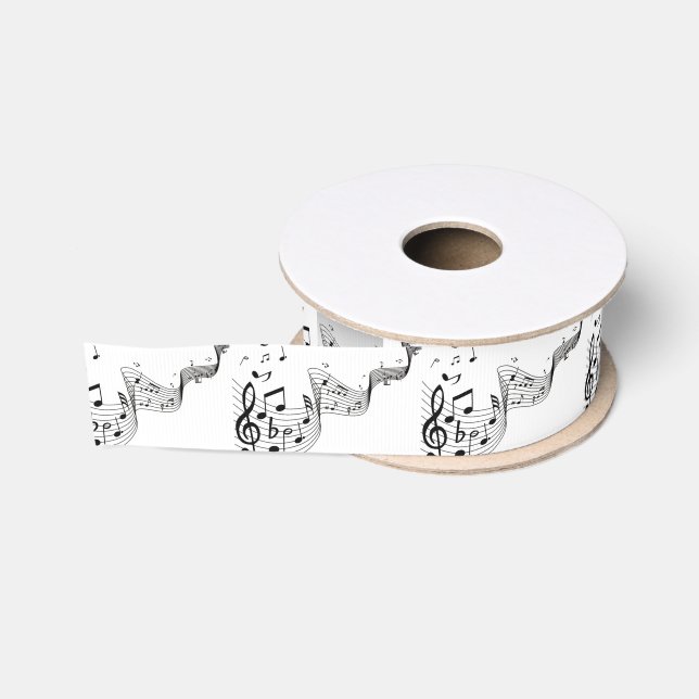 Ruban Gros-grain Notes musicales sur Argent (Bobine)