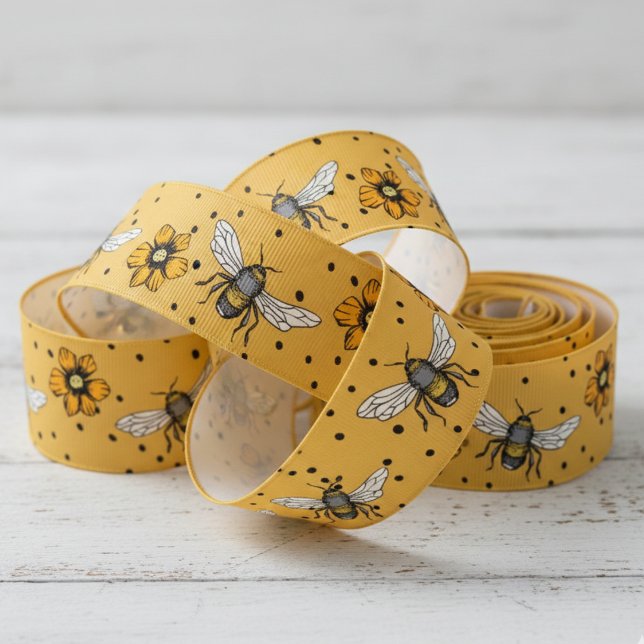 Ruban Gros-grain Ochre Buzzing Bees & Cosmos Fleur Blooms (Orange & Black Polka Dots Floral Insect Bee Ribbon. Vintage Honeybee & Yellow Flowers Nature Pattern)
