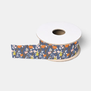 Ruban Gros-grain Oiseaux de Chinoiserie orange et bleu