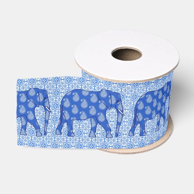 Ruban Gros-grain Paisley éléphant - bleu cobalt et blanc (Bobine)