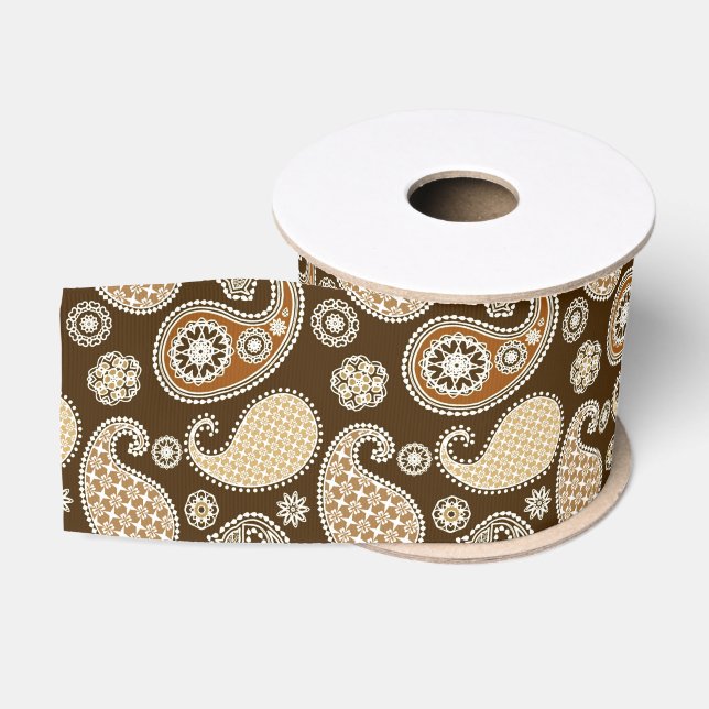 Ruban Gros-grain Paisley motif, Chocolat Brown et Tan (Bobine)