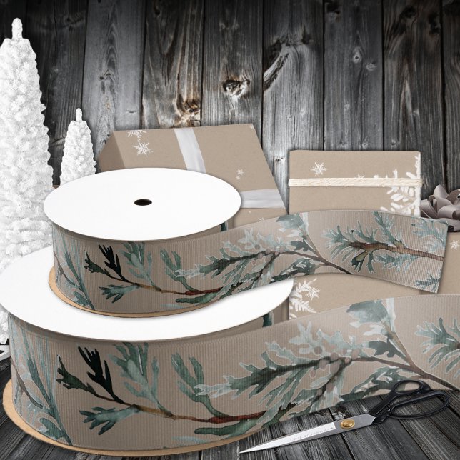 Ruban Gros-grain Papier Rustique Kraft Argent Bleu Juniper Branche  (Rustic Kraft Paper Silver Blue Spruce Cedar Branch Grosgrain Ribbon In 1.5 & 3 Inch Widths)