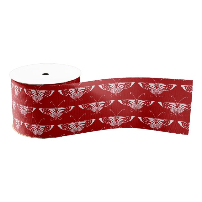 Ruban Gros-grain Papillon Art déco stylisé - rouge foncé et blanc (Bobine)