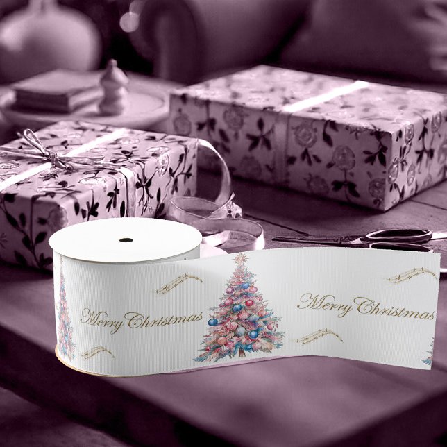 Ruban Gros-grain Pastel Pink Xmas Trees Christmas  (Pastel Pink Xmas Trees Ribbon by the Olde Christmas Shoppe)