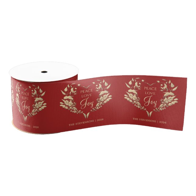 Ruban Gros-grain Peace Love Joy Red Gold Personnalisé (Bobine)