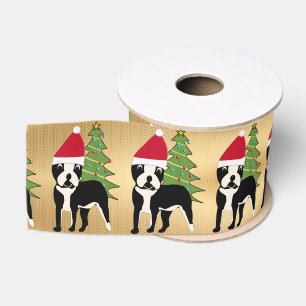 Ruban Gros-grain Père Noël Cartoon Boston Terrier