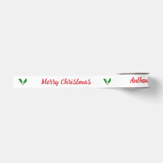 Ruban Gros-grain Personnalisez Holly & Berry White and Red Ribbon (Devant)