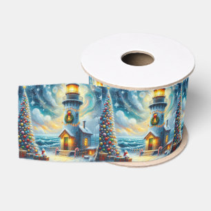 Ruban Gros-grain Phare de Noël Arbre Nautique Bleu Côtier