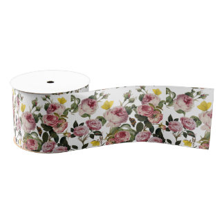 Ruban Gros-grain PINK ROSES AND YELLOW BUTTERFLIES White Floral