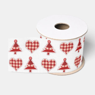Ruban Gros-grain Plaid Red Christmas Trees and Hearts Motif