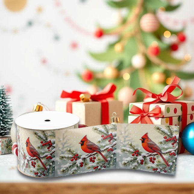 Ruban Gros-grain Pretty Christmas Cardinal and Pine Branches (Créateur téléchargé)