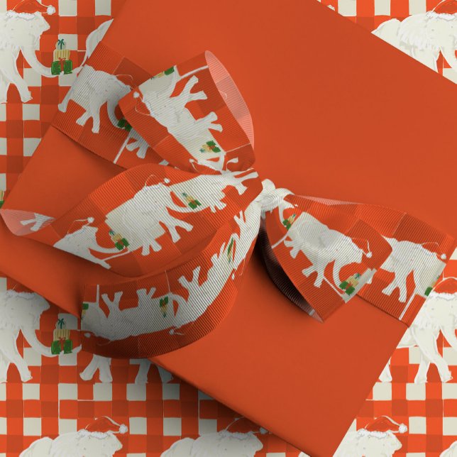 Ruban Gros-grain Red Checkered White Elephant Christmas Party (White elephant Christmas party theme illustrated grosgrain ribbon with a red checkered background.)