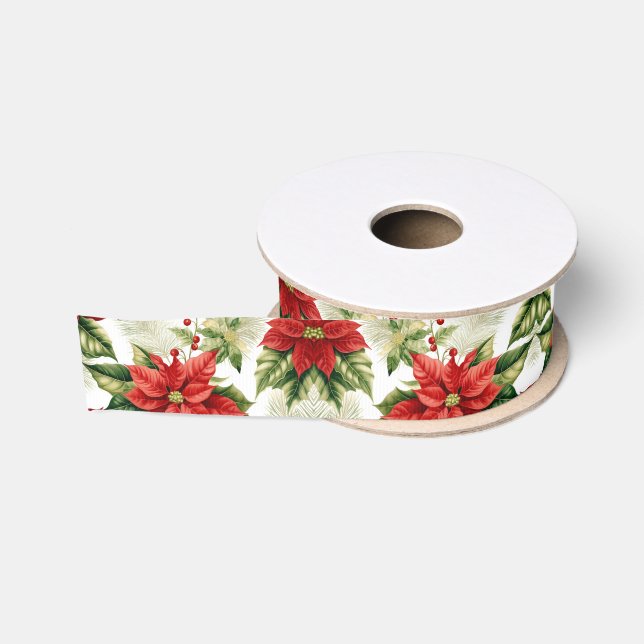 Ruban Gros-grain Red Green Poinsettia Holly Berry Noël (Bobine)