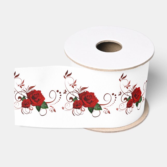 Ruban Gros-grain Ribbon Red Roses Fête des mères (Bobine)