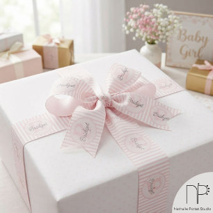 Ruban Gros-grain Rose et blanc rayé avec monogramme