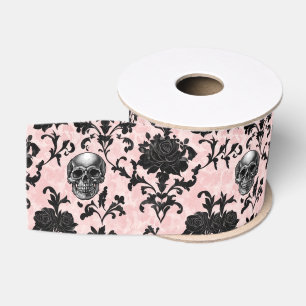 Ruban Gros-grain Rose et crânes gothiques rose et noir