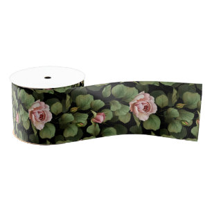 Ruban Gros-grain Roses fragiles. Motif floral sur noir