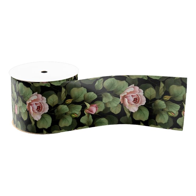 Ruban Gros-grain Roses fragiles. Motif floral sur noir (Bobine)