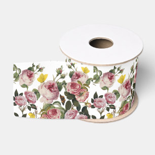 Ruban Gros-grain ROSES ROSES ET PAPILLONS JAUNES Floral blanc