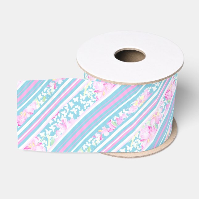 Ruban Gros-grain Roses roses rose Bleu, Rose, Blancs Ruban 3 pouces (Bobine)