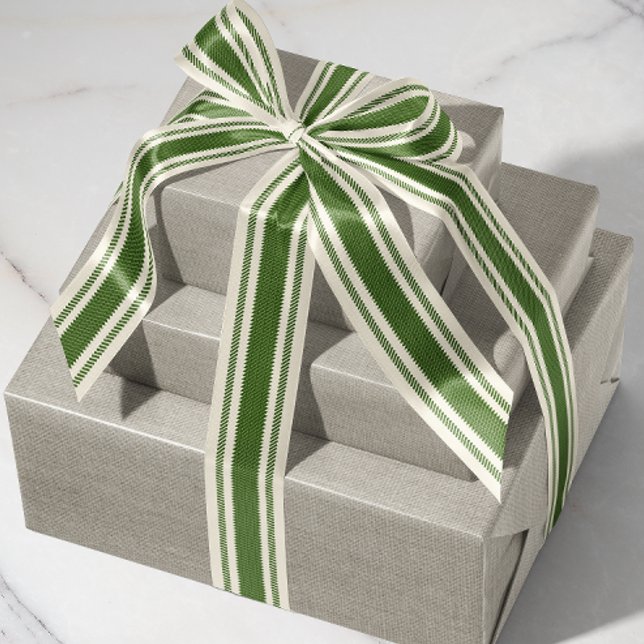 Ruban Gros-grain Ruban de ruban blanc et vert forêt (rustic French country mossy green and off-white cream ticking tape stripe patterned ribbon)