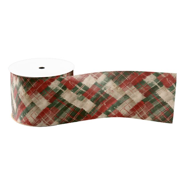 Ruban Gros-grain Rustic Christmas Red Green and Cream Tartan (Bobine)