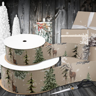 Ruban Gros-grain Rustique Kraft hiver Bois Épinette Arbres de renne
