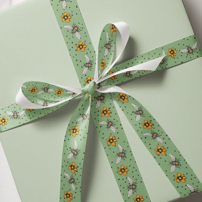 Ruban Gros-grain Sage Green Buzzing Bees & Cosmos Fleur Blooms (Elegant Bees, Flowers & Dots Pattern Ribbon in Green. Hand Drawn Cute Honeybees and Spring Flowers.)