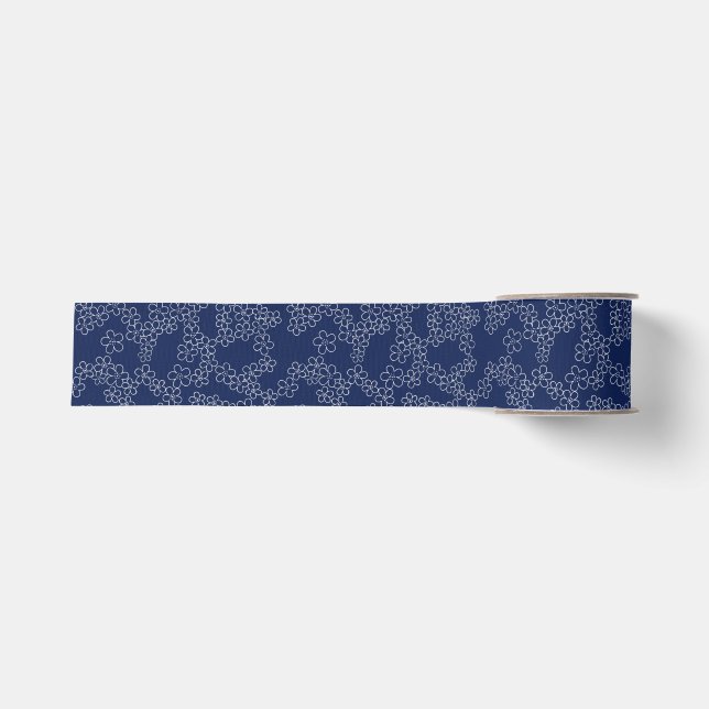 Ruban Gros-grain Sakura de cerisier japonais blanc sur bleu (Devant)
