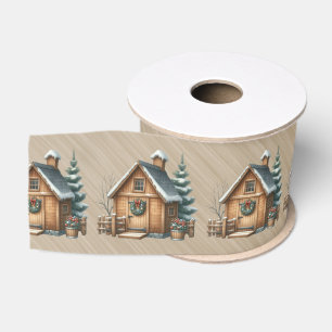 Ruban Gros-grain Scène de Noël de maison en rondins marron