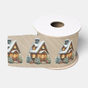 Ruban Gros-grain Scène de Noël de maison en rondins marron