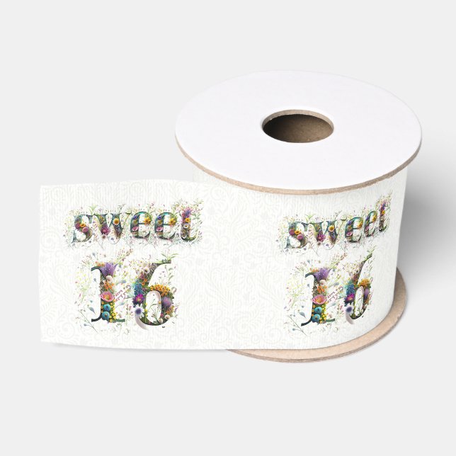 Ruban Gros-grain Sweet 16 Joyeux Anniversaire Fleur sauvage Texte (Bobine)