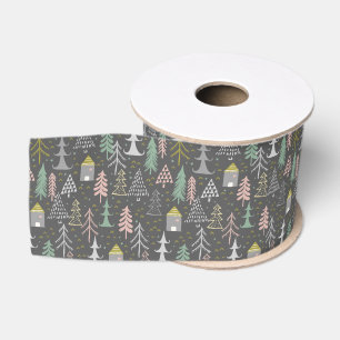 Ruban Gros-grain Tableau noir Arbres de Noël et Maisons Jaune rose