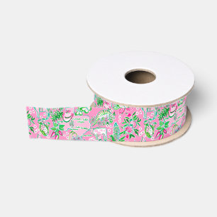 Ruban Gros-grain Texas Map Pink & Green Preppy Motif