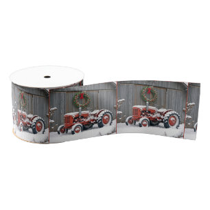 Ruban Gros-grain Tracteur rouge avec couronne de Noël