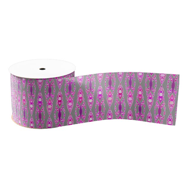 Ruban Gros-grain Tribal Batik - Fuchsia rose, violet et gris (Bobine)