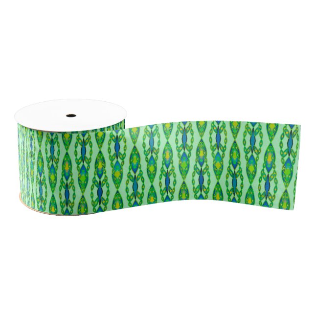 Ruban Gros-grain Tribal Batik - Mint, Emerald Green et Blue (Bobine)