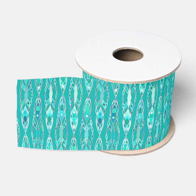 Ruban Gros-grain Tribal Batik - Turquoise et Aquamarine (Bobine)