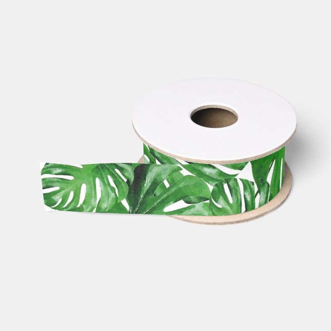 Ruban Gros-grain Vert aquarelle Tropical Monstera Motif (Bobine)