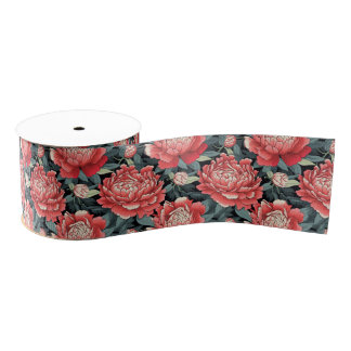 Ruban Gros-grain Vintage Coral Red Peony Flowers Grosgrain Ribbon