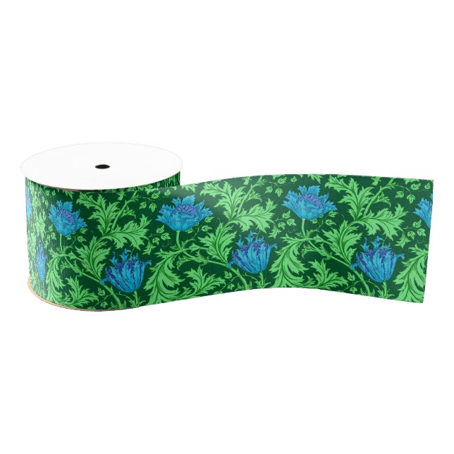 Ruban Gros-grain William Morris Anemone, Emerald Green et Blue (Bobine)