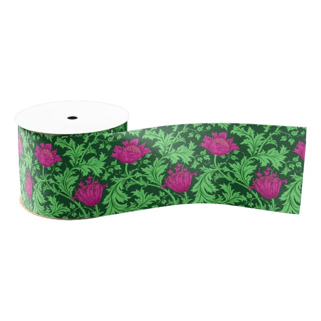 Ruban Gros-grain William Morris Anemone, Emerald Green et Fuchsia (Bobine)