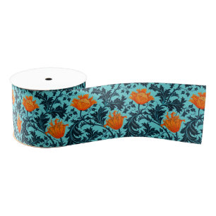 Ruban Gros-grain William Morris Anemone, Indigo Blue et Coral