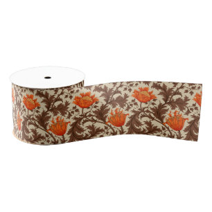 Ruban Gros-grain William Morris Anemone, orange beige, Brown et rou